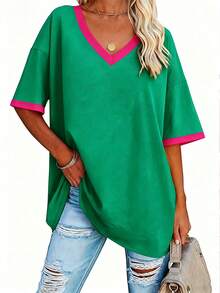 EMERY ROSE Plus Size Solid Half Sleeve T-Shirt, Casual V Neck T-Shirt For Summer, Women's Clothing Grraphic Tee - Multicolor - View 1