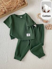PrepCrw 2pcs Baby Boy/Girl Dark Green Summer Casual Work Soft Elastic Knit Crew Neck Short Sleeve Top And Pants Set,Decorative Embroidered Outing Vacation - Green - View 2