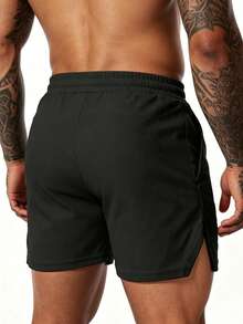 GymBeat Men's Workout Shorts Black Fabric Short Length With Letter Graphics Two Pieces, Gym - Black - View 2