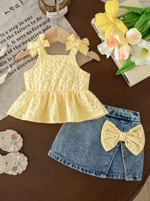 SHEIN Set Pakaian Kasual Sehari-hari untuk Bayi Perempuan: Atasan Jacquard dengan Hiasan Pita dan Ruffle serta Rok Celana Denim - Kuning - View 1