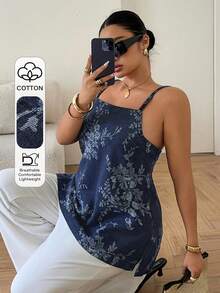 Dazy Plus Top de tirantes rectos de mezclilla con estampado floral, estilo vacacional, tallas grandes para mujer, primavera/verano - Azul lavado oscuro - Ver 1