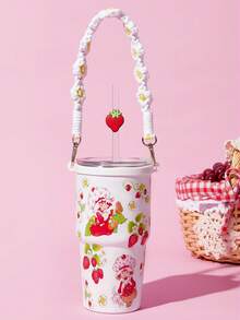 Strawberry Shortcake X SHEIN 500ml /16 Oz 真空隔熱不鏽鋼杯，1個防漏蓋，適用於熱飲/冷飲，適用於大多數杯架 - 白色 - 查看 2
