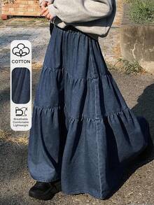 Dazy Tall Women's Elastic Waist Long Casual Denim A-Line Skirt - Medium Wash - View 1
