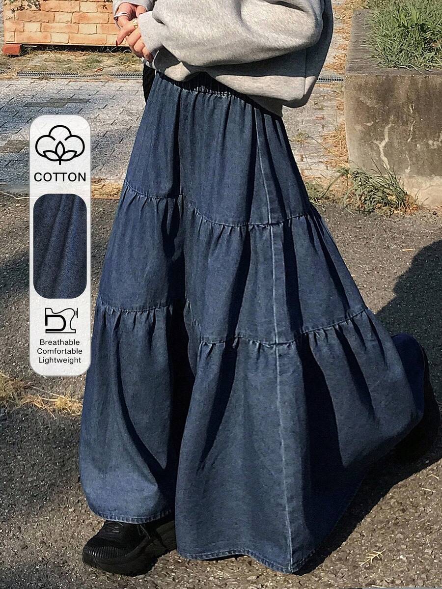 Dazy Tall Women's Elastic Waist Long Casual Denim A-Line Skirt - Medium Wash - View 1