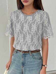 DAZY Women's Contrast Lace Loose Short Sleeve Casual T-Shirt - Grey - View 6