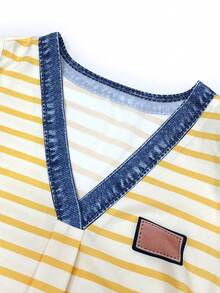 EMERY ROSE Nova blusa feminina listrada sem mangas com decote em V e efeito jeans. - Amarelo - Ver 4