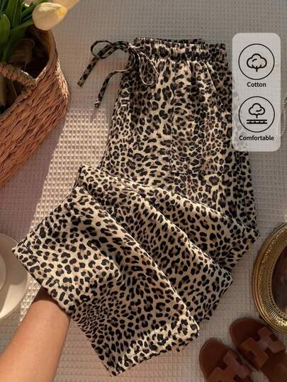 SHEIN LUNE Pantalones casuales sueltos con bolsillo y estampado de leopardo para mujer de talla grande