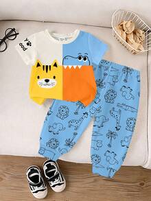 SHEIN Playful Pals 2件組男嬰休閒可愛卡通動物印花拼接撞色圓領T恤與配套滿版動物印花長褲套裝，適合夏季，韓系風格 - 彩色 - 查看 2