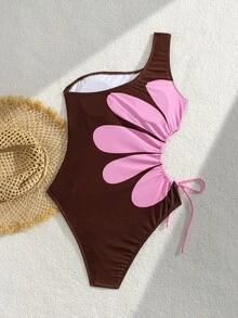 Swim Vcay Springbreak 女款海灘裝夏季套裝，新款單肩定位印花抽繩打結鏤空休閒度假連身泳衣，節慶波希米亞風 - 彩色 - 查看 2