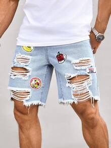 Manfinity LEGND Shorts de mezclilla casuales diarios para hombres con bolsillo, botón, diseño desgastado y patrón de dibujos animados, para vacaciones - Lavado ligero - Ver 5