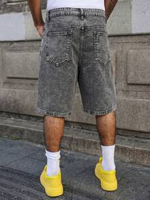 Manfinity EMRG Celana Pendek Denim Abu-abu Musim Panas Pria, Model Longgar dan Lebar - Grey - View 2