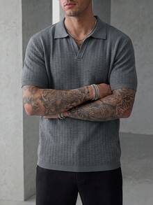 Manfinity CasualCool 男士V领罗纹针织Polo衫，简约通勤短袖毛衣 - 灰色 - 查看 7