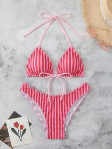 Swim Mod 女士夏季波点印花性感吊带蝴蝶结比基尼两件套泳衣沙滩度假套装 - 粉色 - 查看 8