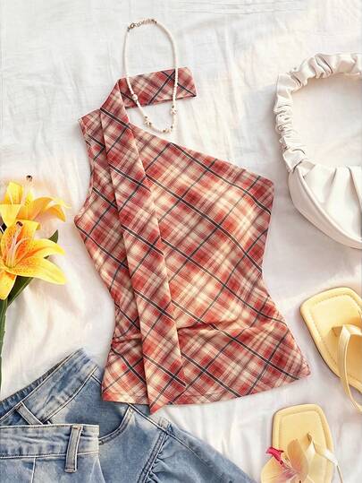 Roelina Summer Sexy 90s Inspired Y2k Plaid Ribbon Strap Tank Top Women's Spicy Style Inner Wear Sleeveless Outerwear Back-To-School Everyday Graduation Brown