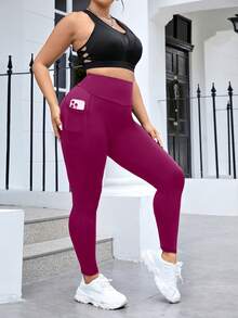 SHEIN Rhythm Era Plus Size Women's Solid Color High Waist Pockets Sports Yoga Pants - Rose Red - View 1
