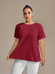 SHEIN Rhythm Era Plus Size Women's Round Neck Short Sleeve Casual Versatile Sports T-Shirt - Burgundy - View 7