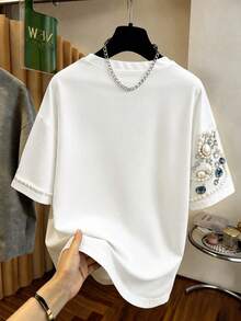 SHEIN Clasi 女款圓領仿刺繡仿珠飾豹紋短袖T恤 - 白色 - 查看 2
