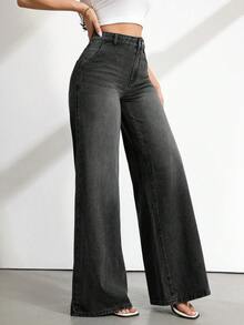 SHEIN Tall 女款高腰純色寬腿牛仔褲，春夏度假休閒街頭風 - 黑色 - 查看 5