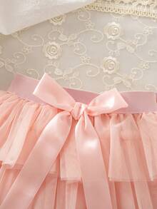 SHEIN Elladie kids 女婴玫瑰红色网眼喇叭中长裙、派对礼服、节日道具、拍照配件 - 淺粉色 - 查看 3