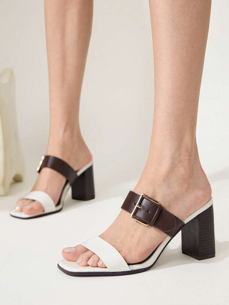 CUCCOO CHICEST Women Shoes Spring And Summer New Metal Square Buckle Color Matching Design Square Toe Thick Heel Middle Heel Mules Drag, Retro Modern White And Brown Contrasting Colors, Commuting Dating Summer Wear