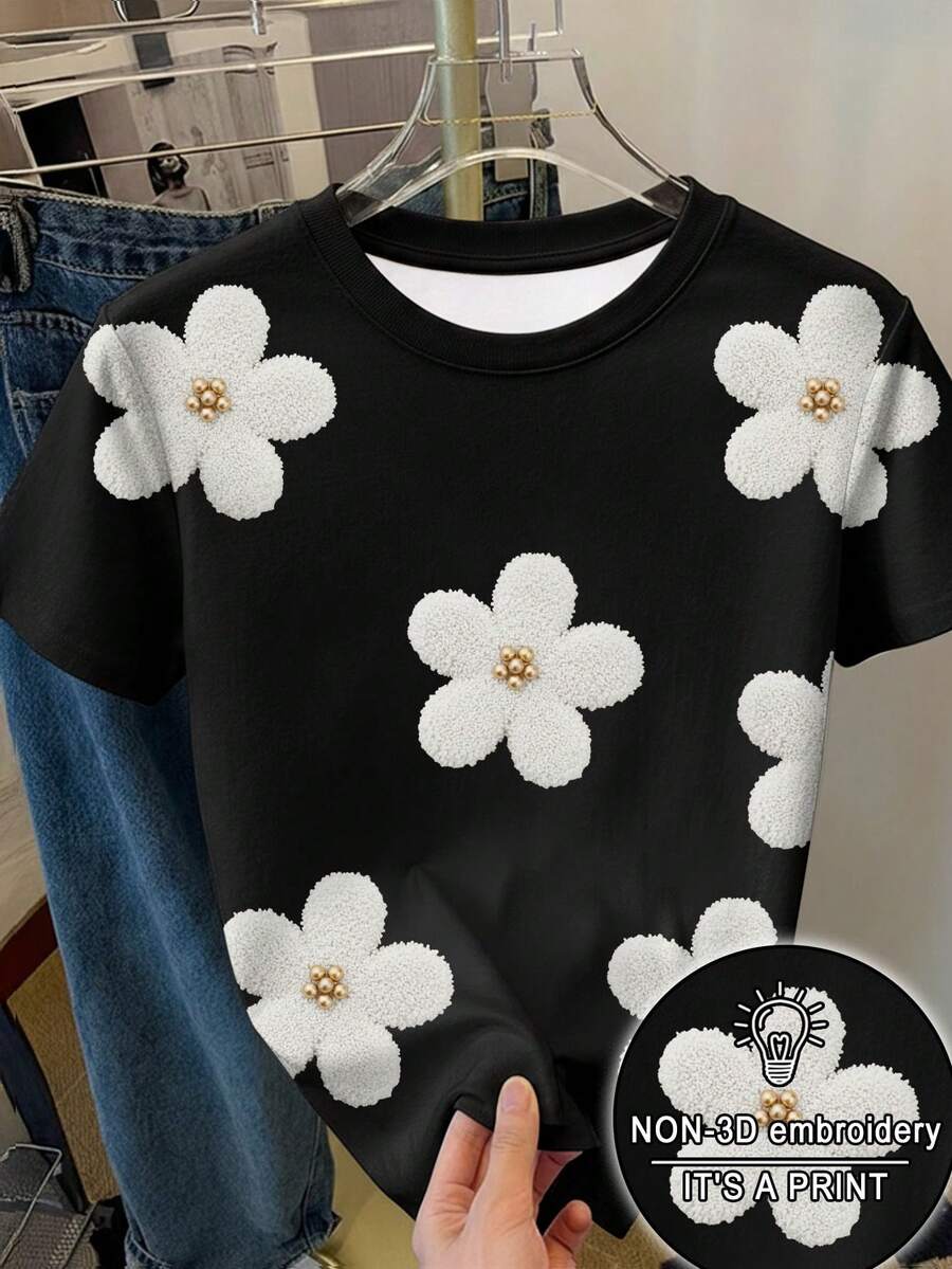 SHEIN 女士全幅印花休闲T恤,可爱花朵图案,Y2K街头风,返校季T恤,度假休闲印花T恤 - 彩色 - 查看 1