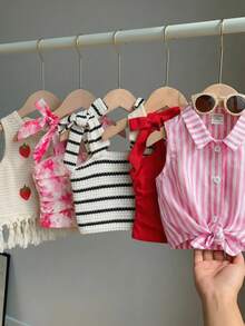 SHEIN [Random 6 Piece, Send 1 Piece]!Surprise Box !!!!Young Girl Solid Color Striped Floral Ruched Casual Tank Top - Black and White - View 8