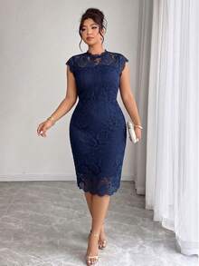 Elenzga Plus Size Women Lace Elegant Waist Gathering Party Dress Summer Spring Wedding Guest Party - Blue - View 5