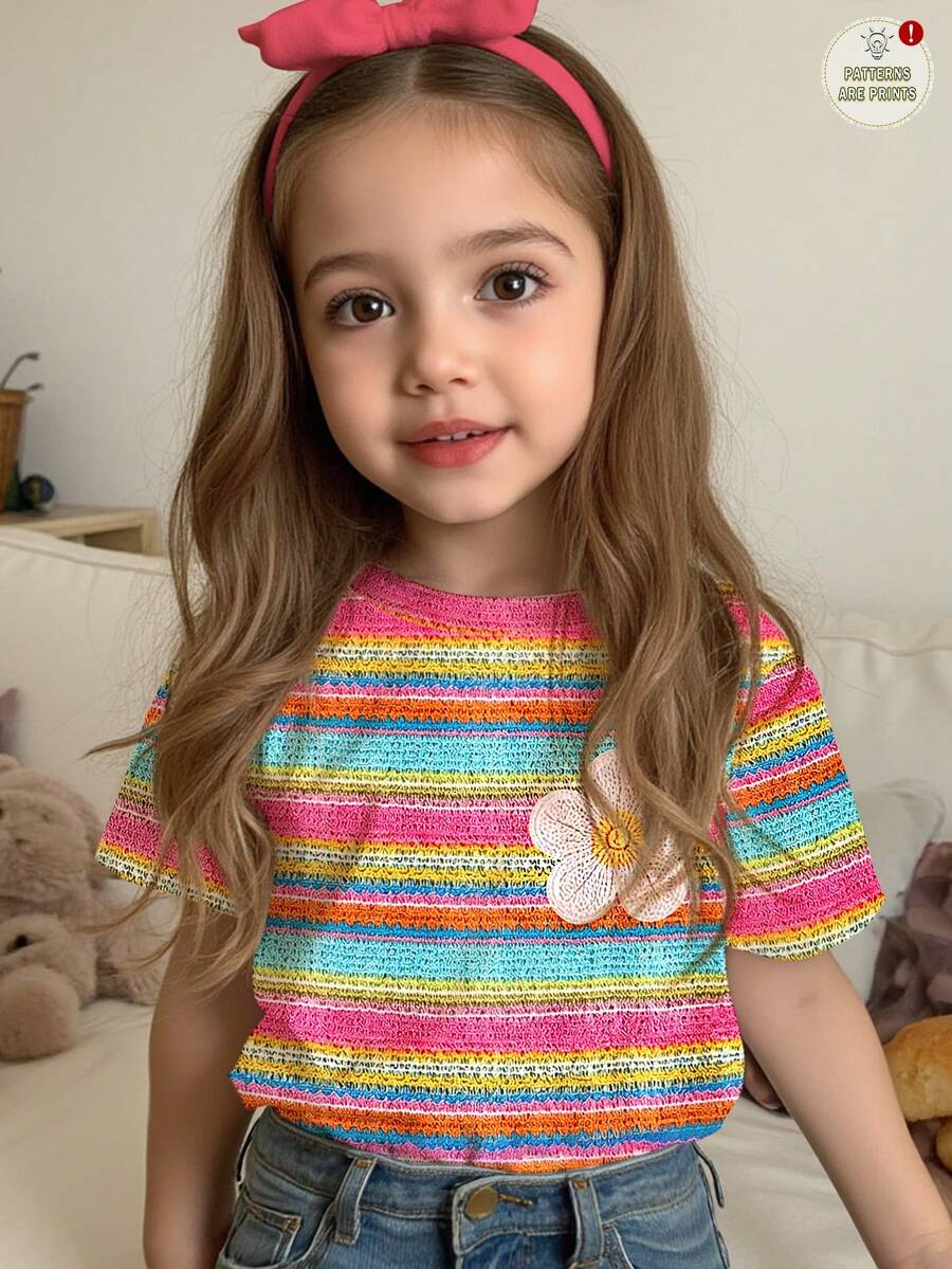 Young Girl Casual Simple Cute Fun Textured Yellow With 3D Flower Pattern, Round Neck Short Sleeve T-Shirt Suitable For Summer, Graphic Tee, Cozy, Tops - Multicolor - View 1