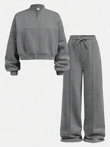 SHEIN 青少年女孩秋季兩件套 長袖拉鍊連帽衫 + 寬腿運動長褲 休閒套裝，適合日常穿著、街頭風、舒適 - 灰色 - 查看 3