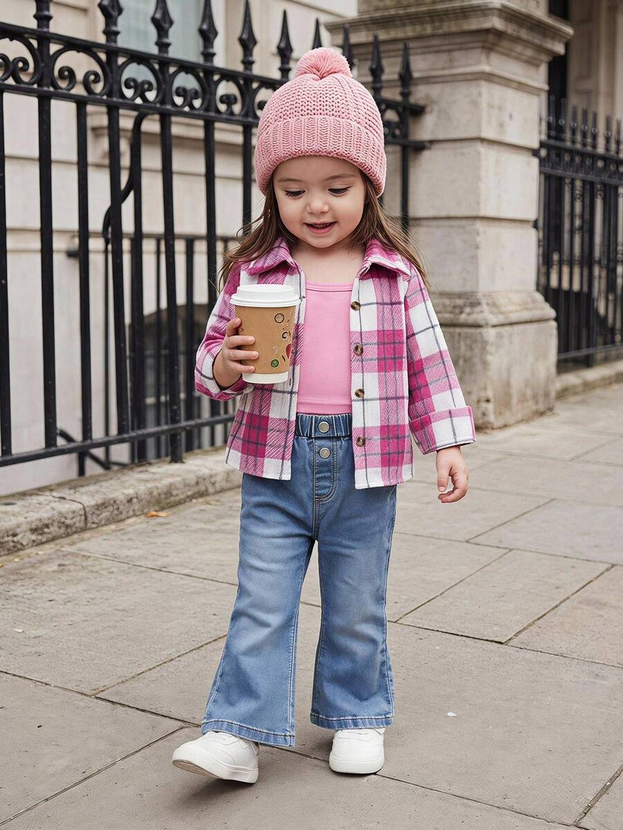 SHEIN Playful Pals 3pcs/Set Baby GirlFashionable Plaid Long Sleeve Shirt + Suspender Short Vest + Flared Jeans Casual Outfit - Pink - View 1
