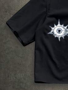 Manfinity ZONE917 Kemeja Lengan Pendek Longgar Bermotif Mata Gelap Gaya Boxy Street, Cocok untuk Musim Semi dan Musim Panas - Hitam - View 4