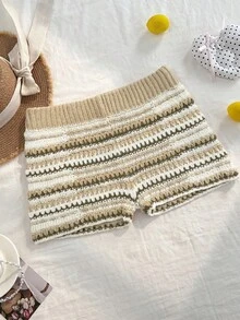 Elamini Women's Versatile Gradient Striped Mini Knit Cute Vacation Sweater Pants - Khaki - View 3
