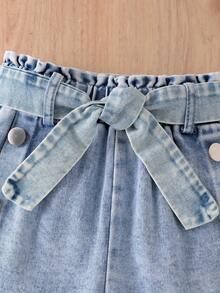 SHEIN Elladie kids 2 件套少女活泼可爱不对称上衣 + 牛仔短裤休闲儿童套装 - 白色 - 查看 7