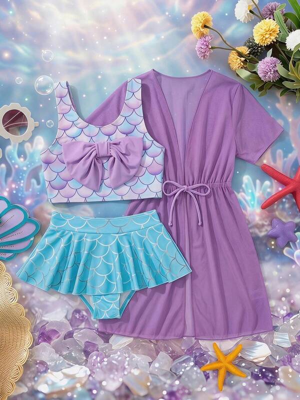 SHEIN Conjunto de Bikini de Dos Piezas para Niña Joven con Estampado de Escamas de Pez, Decoración de Lazo, Braguita Triangular y Vestido Cubre-Bañador
