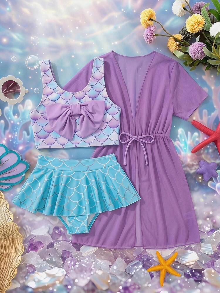 SHEIN 少女魚鱗印花蝴蝶結裝飾比基尼三角泳褲兩件式泳衣套裝附外搭罩衫 - 彩色 - 查看 1