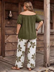 SHEIN CURVE+ Plus Size Women Vacation Solid Color Short Sleeve Shirt And Floral Print Wide Leg Pants 2 Piece Set - Multicolor - View 3