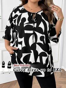 SHEIN CURVE+ CURVE PLUS /情人節/大尺碼女款領結領休閒百搭日常通勤中袖襯衫 - 黑與白 - 查看 1