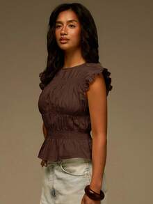 Athîral Blusa casual de mujer de color liso con cuello redondo y bajo plisado con volantes - Café integral - Ver 5