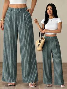 SHEIN PETITE 女款條紋長褲 夏威夷風 女士辦公西裝褲 家居舒適褲 女款兩件套 女款套裝 秋冬款 小個子女款 - 墨綠色 - 查看 1