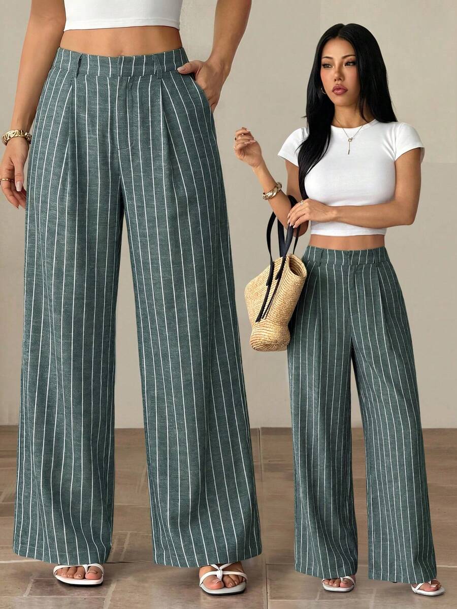 SHEIN PETITE 女款條紋長褲 夏威夷風 女士辦公西裝褲 家居舒適褲 女款兩件套 女款套裝 秋冬款 小個子女款 - 墨綠色 - 查看 1