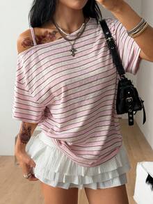 Coolane 女款夏季街頭風休閒 Y2K 骷髏圖案寬鬆舒適粉色與白色條紋不對稱領口 T 恤，適合電音派對、日場派對、演唱會與度假 - 淺粉色 - 查看 5