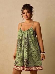 Travachic Plus Size Women's Vacation Palm Tree Print Loose Camisole Romper - Green - View 4