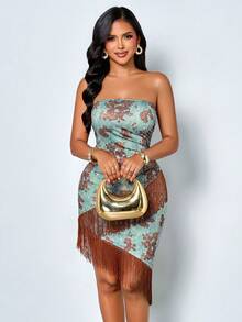 SOLERSUN Ropa de mujer primavera/verano: estilo elegante y relajado, estampado floral, tela de punto elástico, sin mangas, sin tirantes, ajustado, fruncido, dobladillo asimétrico, decoración de borlas, vestido midi (floral aleatorio) - Verde claro - Ver 9