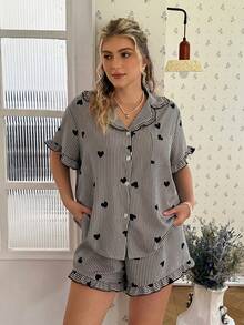 CottageSlumber Pink Heart Print Ruffle Collar Button-Up Short Sleeve Shorts Plus Size Pajama Set - Black - View 3