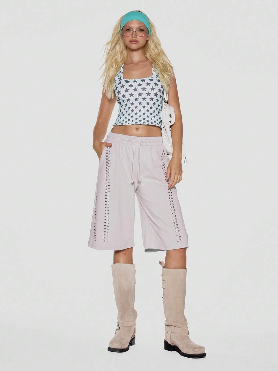 Blue Star Print Scoop Neck Ribbed Fit Cami