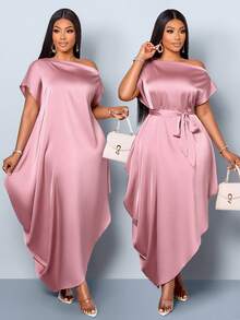 SOLERSUN Plus Size Women's Summer Blush Pink Elegant Formal Long Dress,Satin Slant Off Shoulder Cocoon Asymmetric Pocket Loose Waist Belt Vacation Banquet - Pink - View 1
