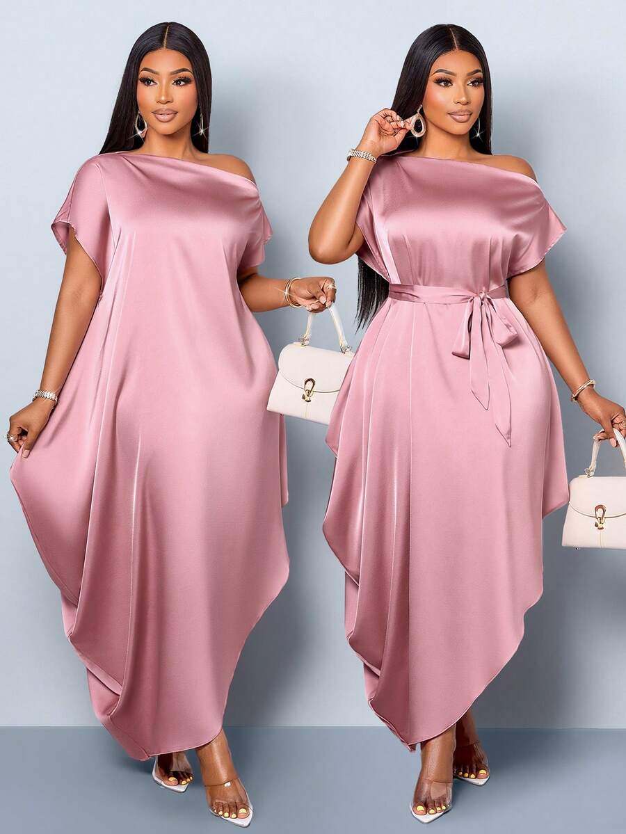 SOLERSUN Plus Size Women's Summer Blush Pink Elegant Formal Long Dress,Satin Slant Off Shoulder Cocoon Asymmetric Pocket Loose Waist Belt Vacation Banquet - Pink - View 1