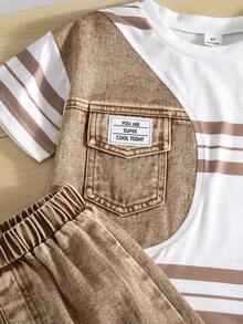SHEIN 2件組小男孩休閒條紋牛仔 Polo 衫與短褲套裝，復古學院風，適合春夏日常穿著與外出 - 卡其色 - 查看 5