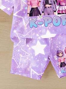 少女彩色星星紮染K-POP卡通女孩印花圓領短袖T恤與休閒單車短褲套裝，適合日常、外出、度假 - 白色 - 查看 3