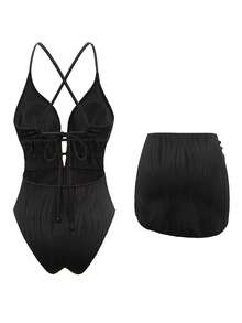 Swim Oasis Women's Solid Color Spaghetti Strap Front Shell Chain Decor Skirt Two Pieces Swimsuit - Black - View 3